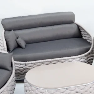 Lounge-Sitzbank Lilienstein aus Stahl und XL-Rope-Geflecht aus Polyester in den Farben Grau und mit bequemen Rückenkissen