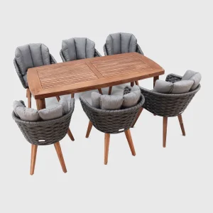 heller Möbel-Set Albertstadt bestehend aus 4 Stühlen und einem Esstisch aus Akazienholz und Stahl sowie Rope-Geflecht in den Farben Braun Schwarz und Pfeffer/Salz