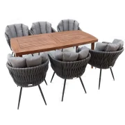 heller Möbel-Set Albertstadt bestehend aus 4 Stühlen und einem Esstisch aus Akazienholz und Stahl sowie Rope-Geflecht in den Farben Braun Schwarz und Pfeffer/Salz.