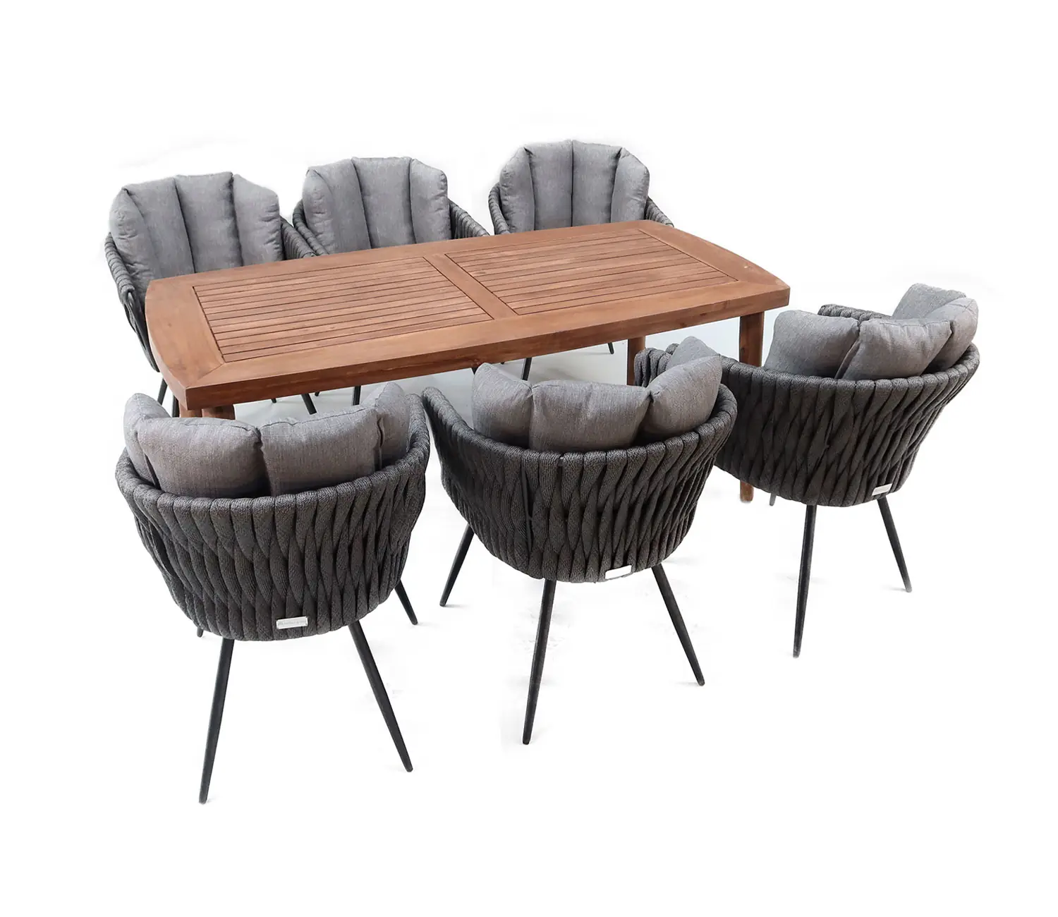 heller Möbel-Set Albertstadt bestehend aus 4 Stühlen und einem Esstisch aus Akazienholz und Stahl sowie Rope-Geflecht in den Farben Braun Schwarz und Pfeffer/Salz.