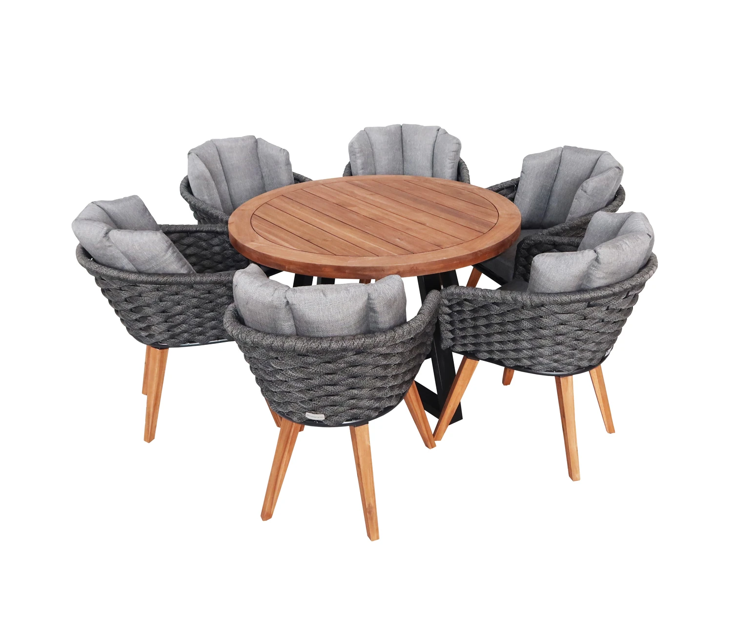 heller Möbel-Set Gompitz 1 bestehend aus 6 Stühlen Bastei und einem runden Esstisch aus Akazienholz und Stahl