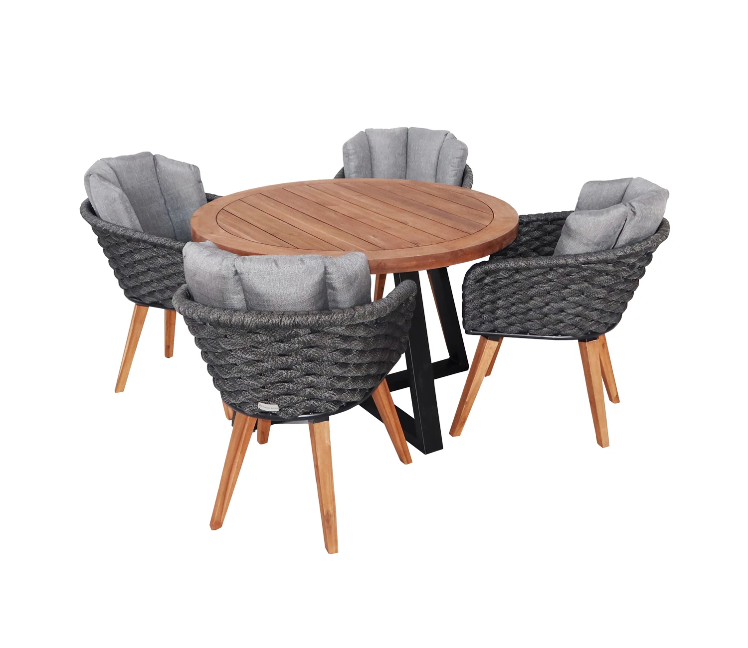 heller Möbel-Set Gompitz 2 bestehend aus 4 Stühlen Bastei und einem runden Esstisch aus Akazienholz und Stahl