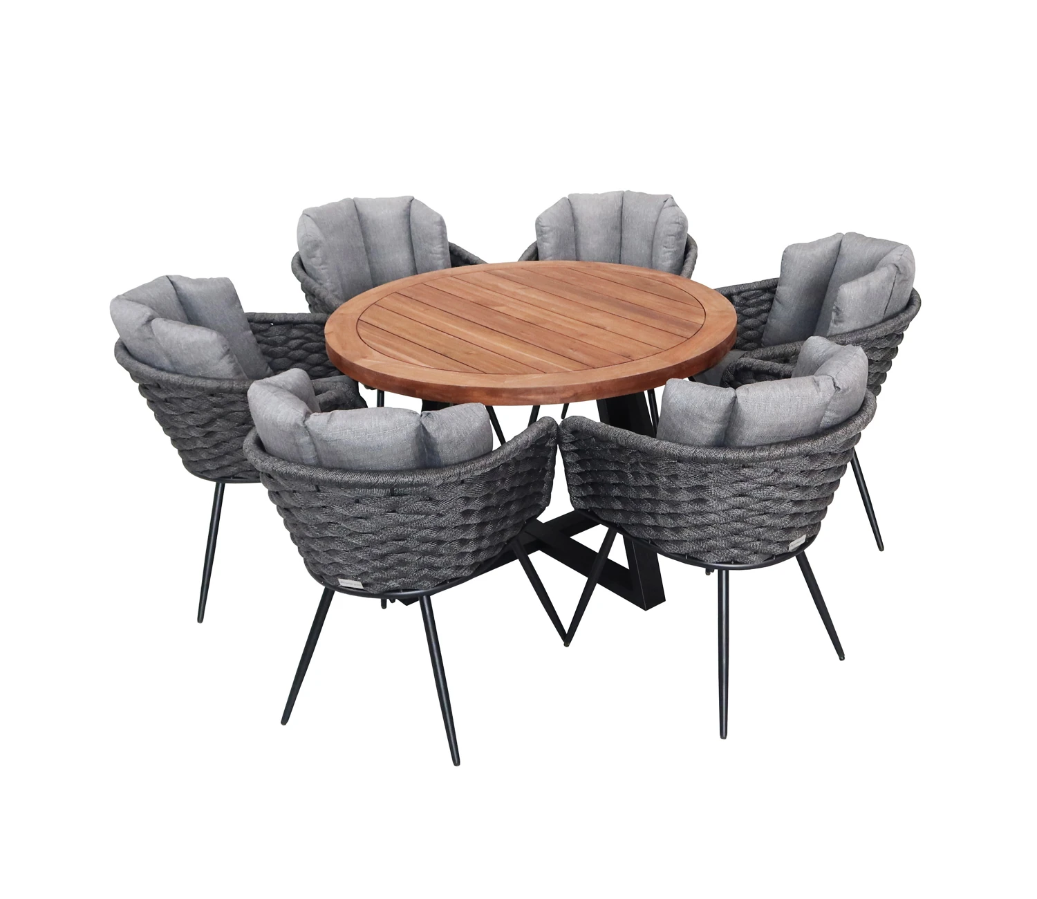 heller Möbel-Set Gompitz 3 bestehend aus 6 Stühlen Bühlau und einem runden Esstisch aus Akazienholz und Stahl