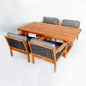 heller Möbel-Set Radebeul bestehend aus 4 Sesseln und einem großen Esstisch aus Akazienholz in den Farben Braun und Pfeffer-Salz