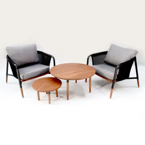 heller Möbel-Set Wachwitz bestehend aus 2 Sesseln und einem kleinen sowie großen Tisch in den Farben Braun und Pfeffer-Salz sowie Schwarz