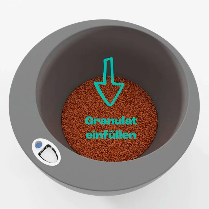 Pflanz- und Pflegeanleitung für heller podd, dem selbstbewässernden Pflanzkübel mit Wasserreservoir - Granulat einfüllen