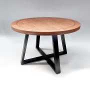 großer runder Esstisch Gombitz mit 120 Zentimeter Durchmesser aus Stahl und Akazienholz in der Farbe Schwarz/Braun