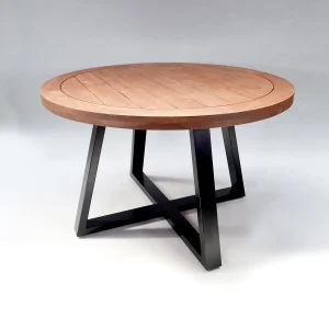 großer runder Esstisch Gombitz mit 120 Zentimeter Durchmesser aus Stahl und Akazienholz in der Farbe Schwarz/Braun