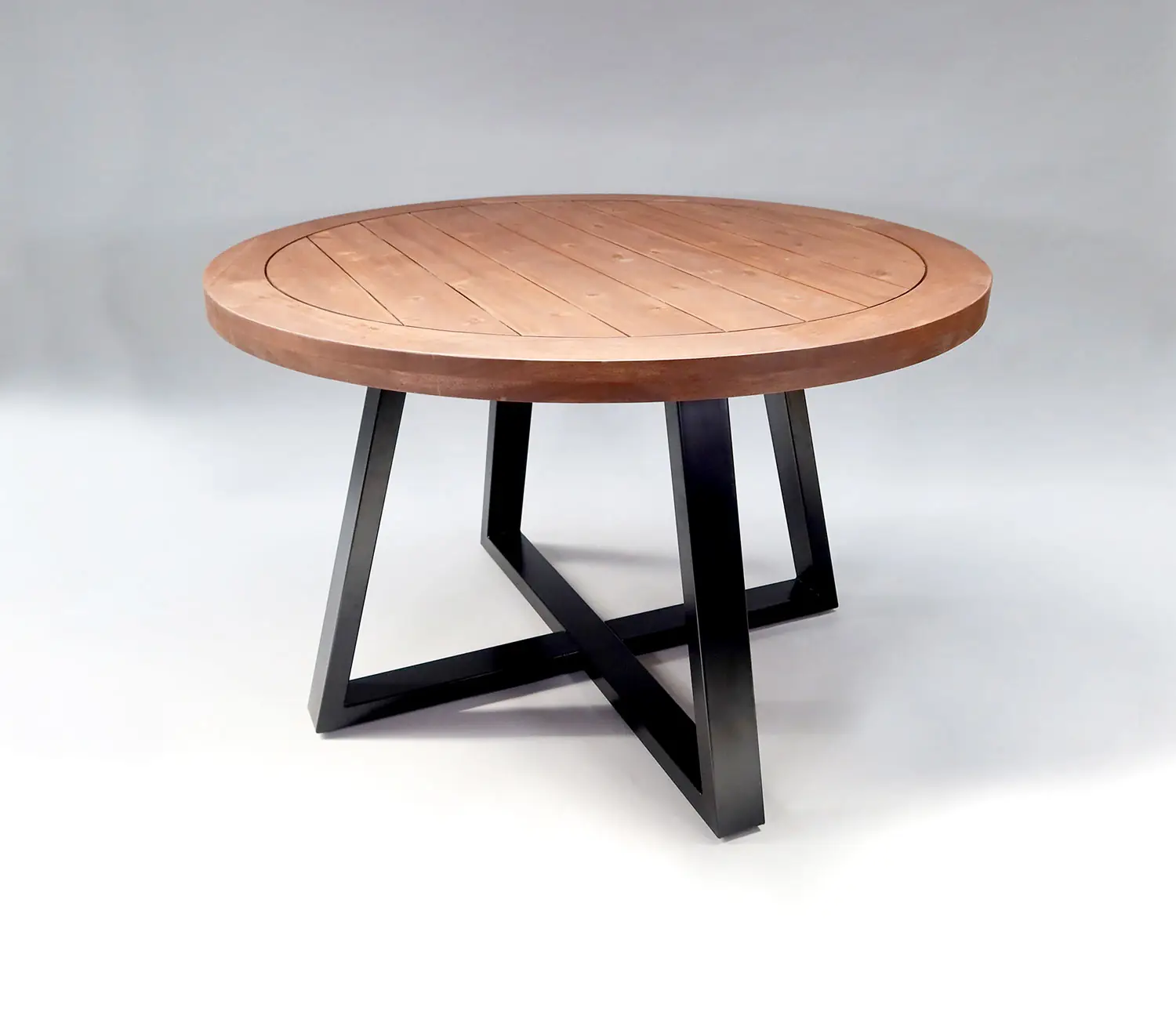 großer runder Esstisch Gombitz mit 120 Zentimeter Durchmesser aus Stahl und Akazienholz in der Farbe Schwarz/Braun