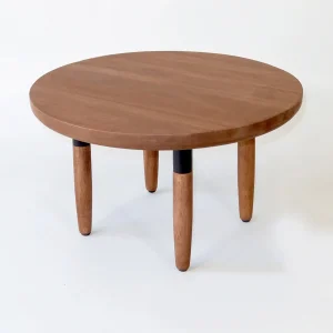 kleiner runder Beistelltisch der Möbel-Serie Wachwitz aus Edelstahl und Akazienholz in der Farbe Schwarz/Braun